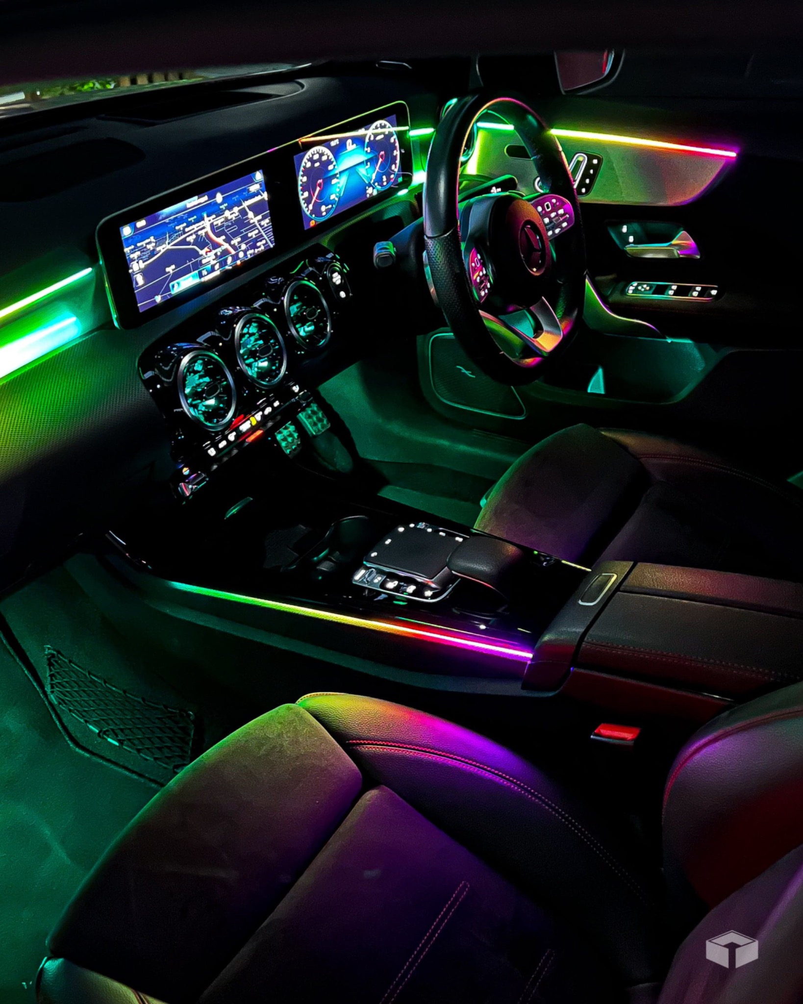 Multi-colour ambient interior lighting in a premium car